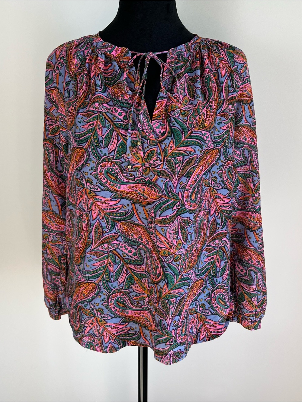 J. Crew Silk and Cotton Blend Whimsy Paisley Tie-Neck Blouse in Pink & Purple